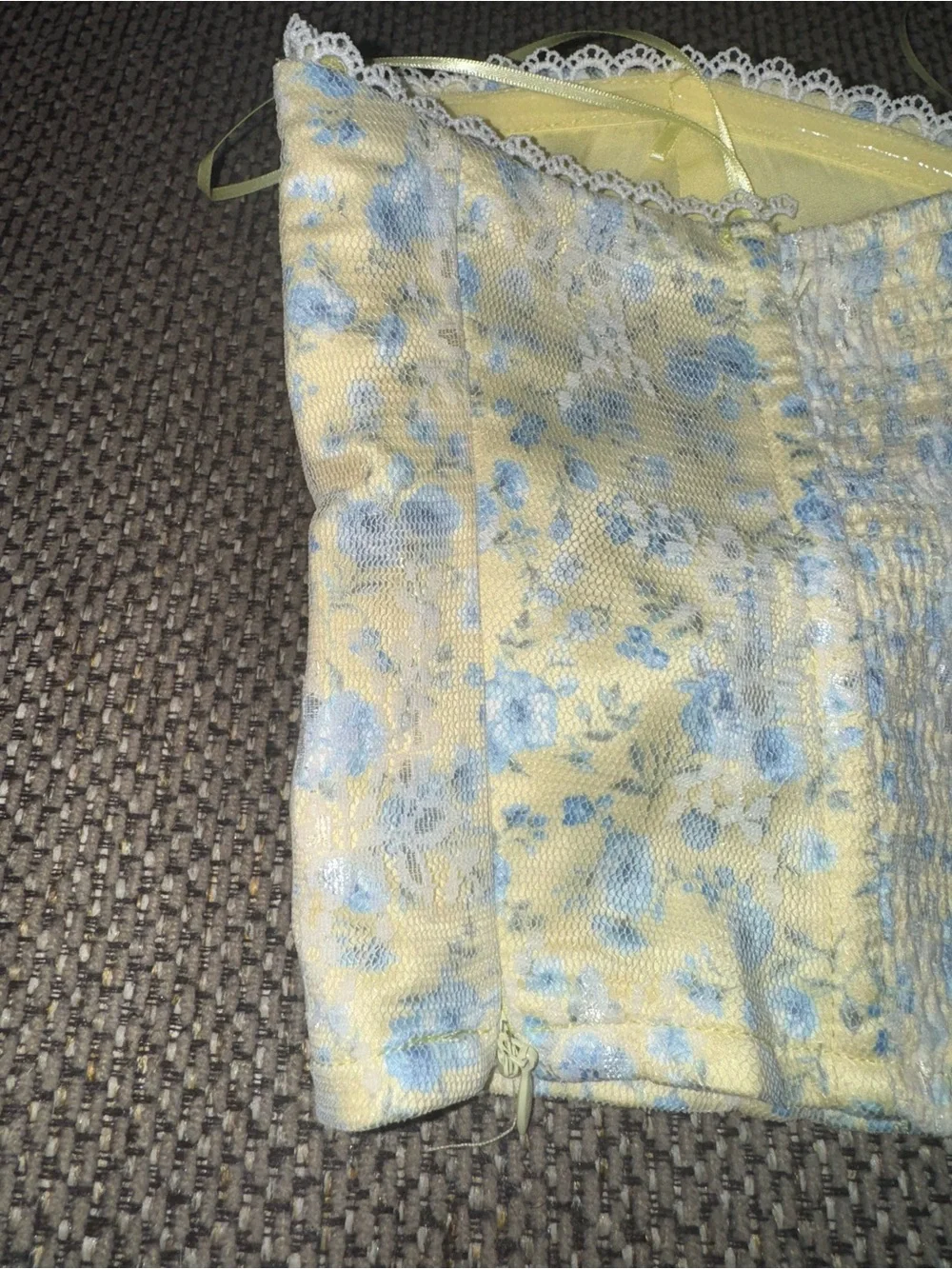 Altar'd State Yellow Strapless Floral Crop Top with Blue Accents